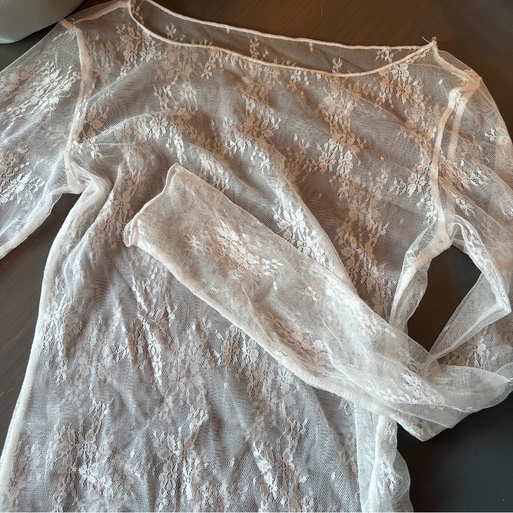 NWOT Lace Long Sleeve Boat Neck Sheer Mesh Top Blouse White